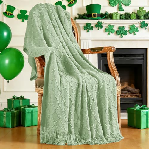 "inhand Sage Green Throw Blanket for Couch, Soft Living Room Home Decor Knitted Blanket with Tassel, Outdoor Lightweight Breathable Summer Blanket, Farmhouse Warm Woven Decorative, 50""x60"""