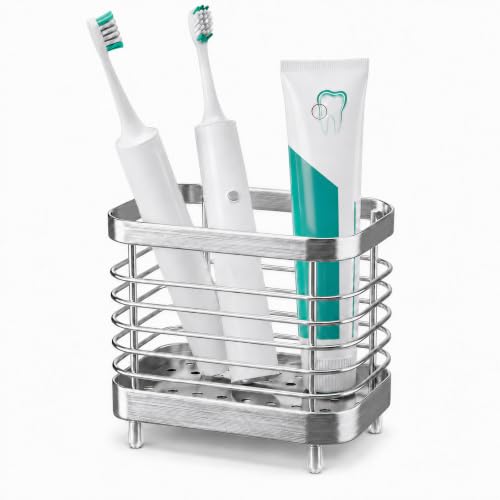 Shower Toothbrush Holder for Bathroom, Stainless Steel Tooth Brush Organizer Storage Caddy, Kids Sink Toothpaste Holder Stand Tray, Silver Bathroom Countertop Accessories Decor