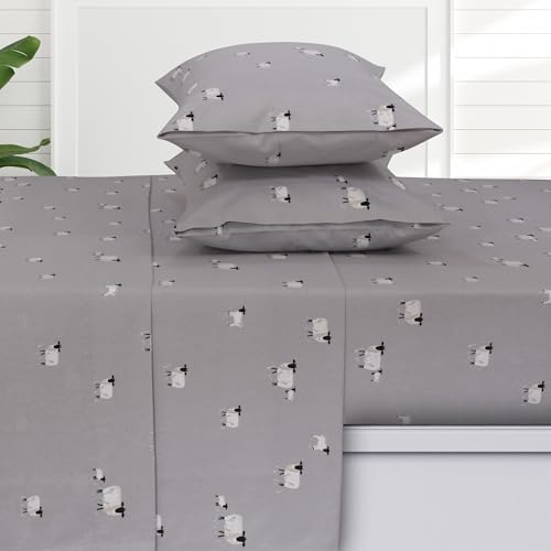 Tribeca Living Printed Flannel Queen Sheet Set, Super Soft 100% Cotton, Extra Deep Pocket Fitted with Oversized Flat, Sheep