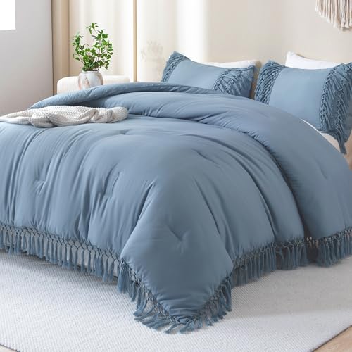 Andency Grayish Blue Comforter Set Queen, 3 Pieces Boho Tassel Bedding - Lightweight Soft Comforter Sets(90x90In) and 2 Pillowcases, All-Season Fluffy Fringe
