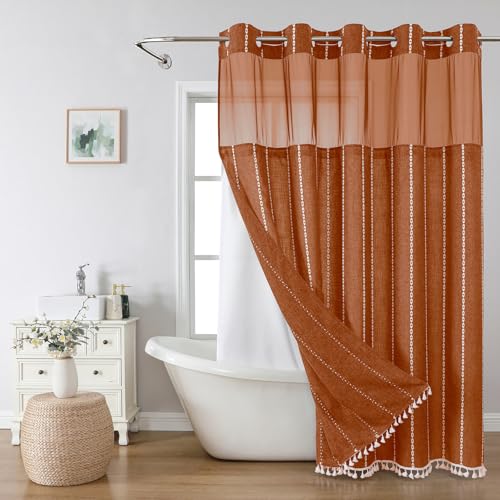 eachope No Hook Extra Long Shower Curtain Set with Snap-in Liner,Linen Textured Thick Striped Fabric with Tassels,Boho Chic Modern Farmhouse Bathroom Curtain,Water-Repellent,Orange,71x86