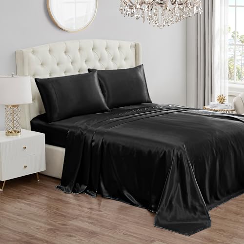 Juicy Couture Twin XL Size Satin Bed Sheet Set, Deep Pocket Silky Satin Twin XL Sheet Set with 1 Fitted Sheet, 1 Flat Sheet, 1 Pillow Case, Wrinkle Resistant and Anti Pilling - Black