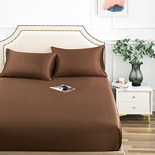 Satin Fitted Sheet, Full Fitted Sheet Only, 1 - Piece Ultra Soft Deep Pocket Single Silk Bottom Bed Sheet Full - Brown