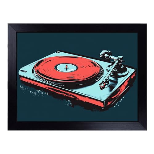 Lap Tray with Bean Bag Cushion, Record Player - Handmade in the UK, Raised Wooden Edge, Padded Cushion, Heat-Resistant Wipe-Clean Surface, for Meals, Laptops and Crafts