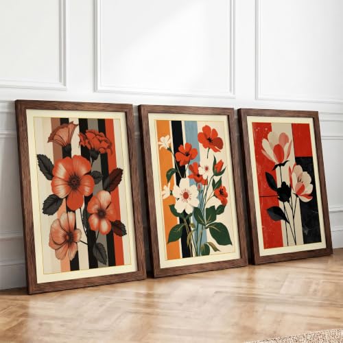 Geometric Flowers Art Deco Set of 3 Framed Wall Art Prints A3 (42×29.7cm)