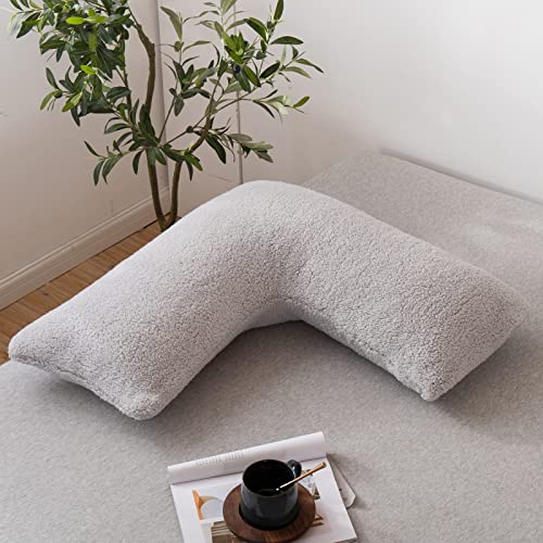 LSC Pregnancy V Pillow Teddy Fleece V Shaped Pillow with Pillowcase Nursing, Maternity and Orthopaedic Support Pillows Soft Warm Fleece Hollowfiber Filling for Head, Neck and Back (Silver)
