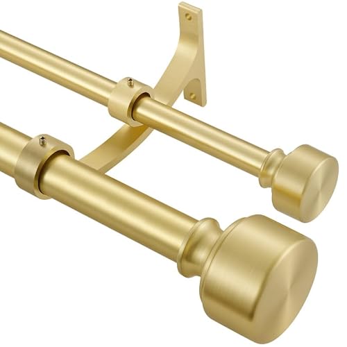 Brass Double Curtain Rods for Window 28-48 Inch, Adjustable Double Rod Curtain Rods, Decorative Double Window Rod with Modern End Cap, 1-Inch Front and 5/8 Inch Back Heavy Duty Double Drapery Rods