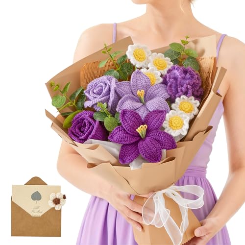 Alecono Large Purple Crochet Flower Bouquet Knitted Lily Floral Set - Forever Artificial Flowers with Gift Card for Christmas, Valentine's Day, Graduation, Birthday, Mother's Day & Anniversary