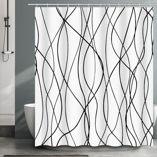 "BSHAPPLUS Black Striped Shower Curtain, 71"" L x 71"" Polyester Shower Curtains for Bathroom with Hooks"