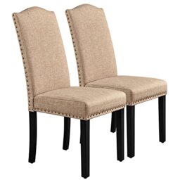Yaheetech Dining Chairs 2 pcs High Back Fabric Padded Kitchen Chairs Khaki