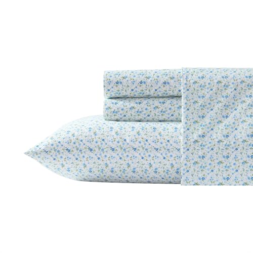 Laura Ashley - Queen Sheets, Super Soft Cotton Percale Bedding Set with Match Pillowcases, Breathable Essentials (Evie Blue, Queen)