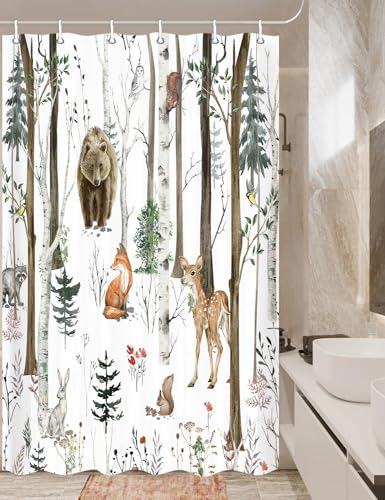 Rustic Forest Shower Curtains, Rustic Lodge Cabin Shower Curtain Woodsy RV Shower Curtain, wildlife Animals woodland Shower Curtain Campers Shower Curtain Camping Bathroom Set with Hooks, 36X72 Inch