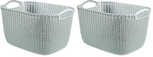 Curver Knit Effect Kitchen, Living room, Bathroom, Bedroom, Utility Large Rectangular Storage Basket 19 Litres - Misty Blue (Pack of 2)