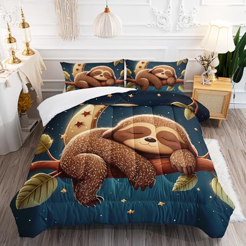 XYNHML Kawaii Brown Sloth Comforter Set 3Pcs Galaxy Moon Bedding Twin Universe Outer Space Star Bedding Set for Kid Teen Girl Boy Bed Decor Sleeping Sloth Quilt with 1 Comforter and 2 Pillowcases