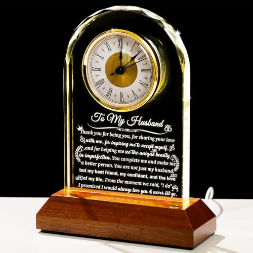 Arikyrist Glass Clock Gifts for Husband from Wife with Wooden Light Base - Gift for Husband Who Has Everything, on Birthday Anniversary, for Him My Man, Battery/Plug-in, Home Decor