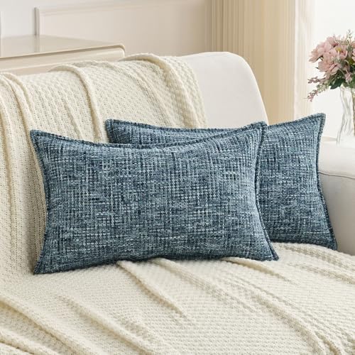 FUTEI Pack of 2 Tweed Chenille Throw Pillow Covers 12x20 Inch, Navy - Premium Chenille Front/ Smooth Velvet Back,Hidden Zipper,Machine Washable,Pilling-Resistant,Colorfast, Insert Not Included.