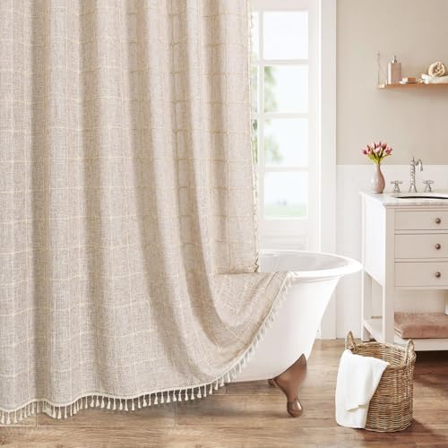 MitoVilla Tan Brown Boho Farmhouse 72 x 78 Cotton Linen Ultra Thick Heavy Duty Fabric Shower Curtains for Rustic Bathroom Decor (Tassel Long About 1.5 Inches)
