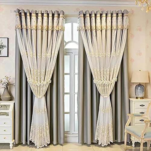 Amidoudou 1 Pair European Double Layer Curtains with Valances for Living Room Bedroom Luxury 3D Flower Embroidered Curtains (Grey,52x102 Inch)