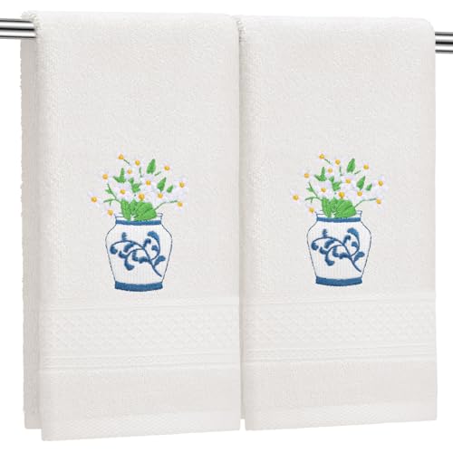 Frienda 2 Pcs Chinoiserie Vase Primrose Hand Towels Beige Bathroom Decor 29.5x13.8 Inches Embroidered 100% Cotton Soft Absorbent Spring Summer Decorative Hand Towels for Bathroom Kitchen