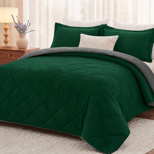 "downluxe Queen Comforter Set - Dark Green and Grey Queen Comforter, Soft Bedding Sets for All Seasons -3 Pieces - 1 Comforter (88""x92"") and 2 Pillow Shams(20""x26"")"