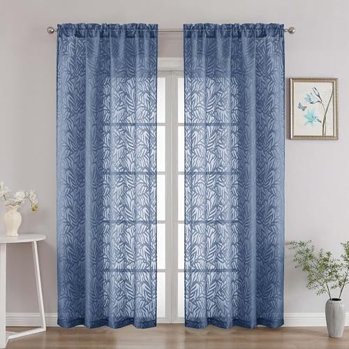 OVZME Textured Dusty Blue Sheer Curtains 84 Inches Long 2 Panels Set, Light Filtering Leaf Jacquard Voile Semi Sheer Curtains for Bedroom, Dual Rod Pocket Farmhouse Window Drapes, 2x42Wx84L Inches
