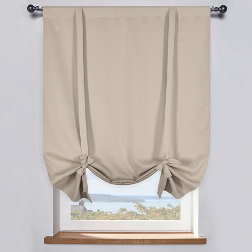 DONREN Taupe Farmhouse Tie Up Shade - Window Valance for Kitchen Balloon Curtain Rod Pocket Drapery for Home Decor Adjustable Valance,34W x 63L in, 1 Panel