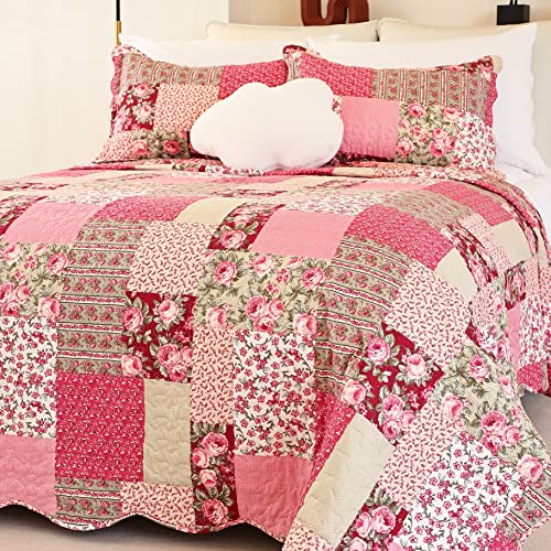 Cmfshape Summer Floral King Quilted Bedspread,Romantic Pink Quilt Set,Reversible Stitched Bedding Cover All Season,Soft Lightweight Coverlet with Pillow Cases (Hot pink&Rose, King102 x90)