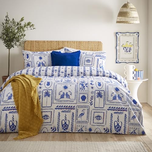 furn. Frieze Abstract Duvet Cover Set – Greek Inspired Reversible Bedding (Blue – Super King)