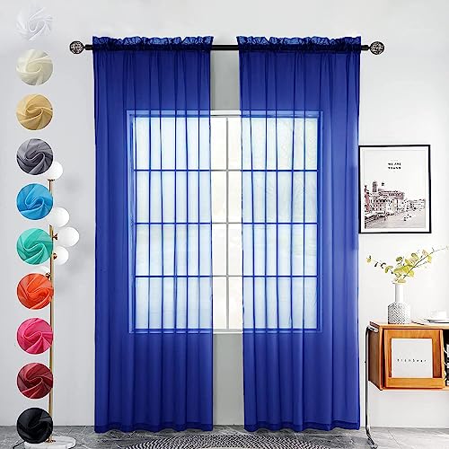 youleyar Solid Sheer Rod Pocket Curtain Voile Draperies 2 Panels White Beige Black Grey Coffee 52 Inch Width 108 Inch Long 1 Pair for Kitchen Bedroom Children Living Room Yard (Sapphire,52W???108L)