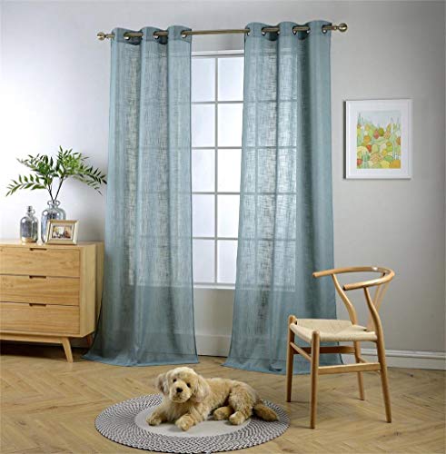 "MIUCO Semi Sheer Curtains Poly Linen Textured Solid Grommet Curtains 84 Inches Long for Kids Room 2 Panels (2 x 37 Wide x 84"" Long) Teal"