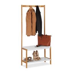 Relaxdays Coat Stand with Shoe Rack, 4 Clothes Hooks, Shelf, Bamboo & MDF, HWD 150 x 70.5 x 30 cm, Natural-White