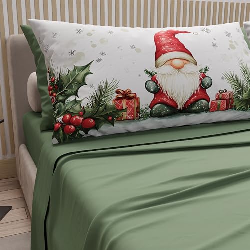 PETTI Italian Artisans - Cotton Sheets with Christmas Digital Print Pillowcases, Christmas Double Bed Sheets, Christmas Double Bed Set, Gnome 01 Green, 100% Made in Italy
