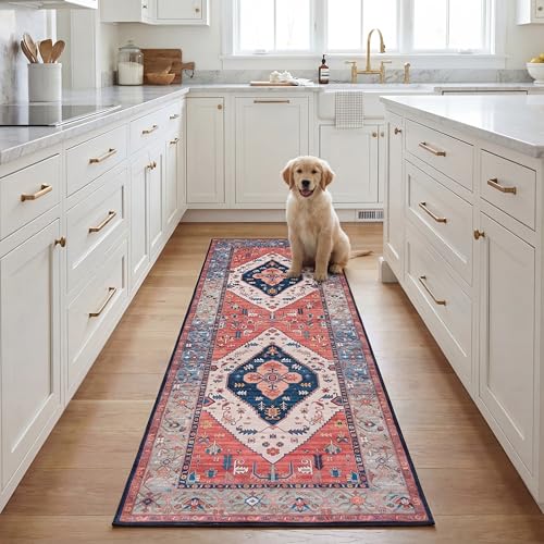 Safavieh Traditional Rug Ideal for High Traffic Areas - Machine Washable and Non Slip - Tucson Collection, Short Pile, in Rust and Blue, 76 X 244 cm