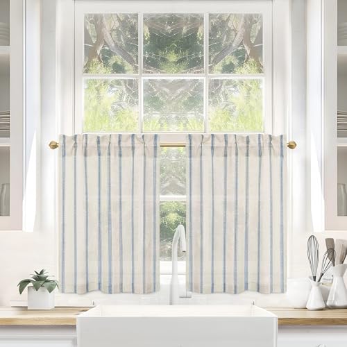 DriftAway Kitchen Tier Curtains - Striped Linen Short Pinstripe Cafe Curtains 36 Inch Length for Living Room Bathroom Chris Farmhouse Rustic Rod Pocket 2 Panels Navy