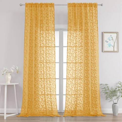 "Chyhomenyc Extra Long Gold Sheer Curtains 108 Inch Length 2 Panels Set, Light Filtering Tufted Textured Soft Airy Rod Pocket Gentle Leaf Window Treatment Drapes for Living Room, 52"" Wx108 L, 2PCS"