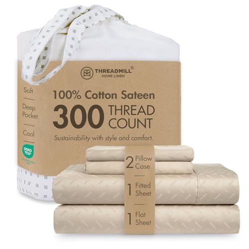 "Threadmill 300 Thread Count Cotton King Sheet Set, Sateen, Jacquard, Beige - 100% Cotton, Sateen Weave, Jacquard Pattern, 4-Piece Set, 16"" Deep Pocket, Fade-Resistant, Breathable, All-Season"