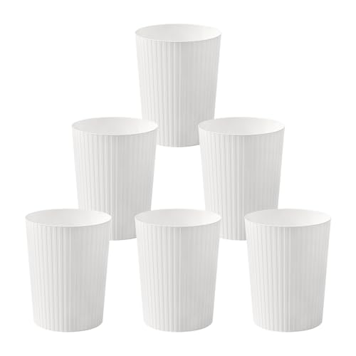 Cetomo 7.2L*6 Plastic Waste Paper Bin, Trash Can, Small Bins, Bedroom Bin, Round Waste Basket with Solid Stripe for Kitchen Rooms, Nesting, Matte, Frosted, Minimalist, Open Top, White, 7.2L(6 Pack)