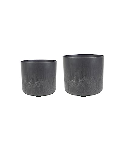 Ivyline Celine Set of Two Recycled Planters in Black - UV Stable and Waterproof Artificial Stone Sustainable Flower Pots - Medium D16cm & Large D19cm