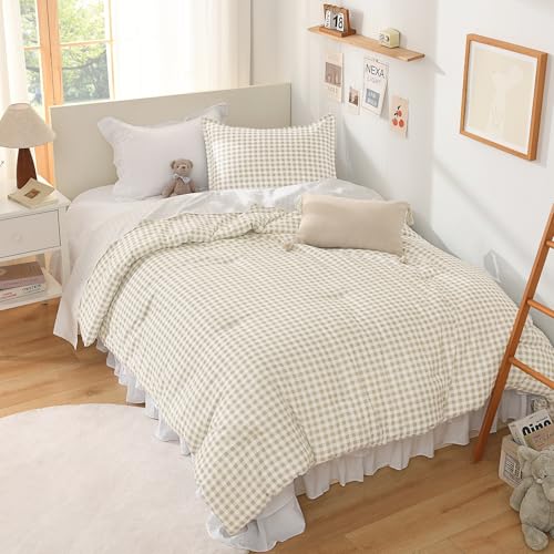 Andency Beige Gingham Comforter Set Twin, Cream Checkered Grid Plaid - 2 Pieces Lightweight Soft Bed Set for Teens Boys Girls Kids Teens, Geometric Reversible Preppy Bedding as Gift (66x90Inch)