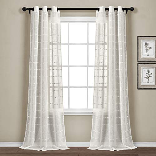 "Lush Decor Farmhouse Textured Grommet Sheer Window Curtain Panel Pair, 108"" L x 38"" W, White"