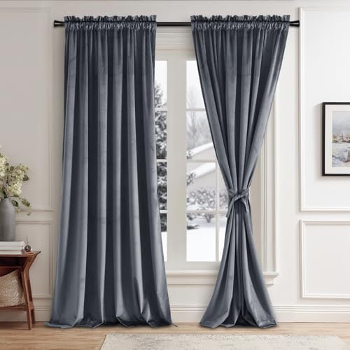 JIUZHEN Dark Grey Velvet Curtains 84 inches Long Soft Thick Velvet Blackout Curtain Drapes Room Darkening Window Drapes for Bedroom/Dining Room, Set of 2 with Tiebacks, W52 x L84 inches
