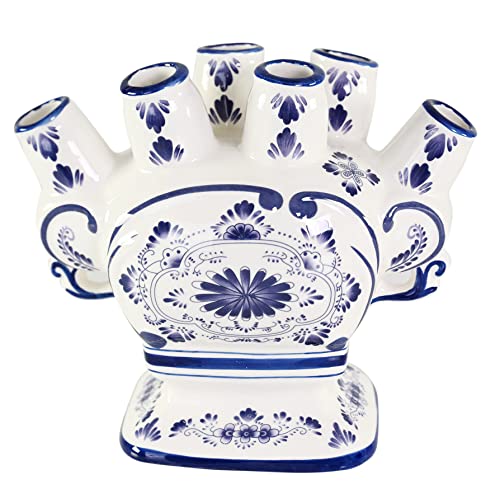 HOME-X Unique Ceramic Flower Vase, 6 Port Bud Vase, Ceramic 6 Finger Bud Vase, Traditional Design Vase, White and Blue