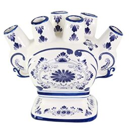HOME-X Unique Ceramic Flower Vase, 6 Port Bud Vase, Ceramic 6 Finger Bud Vase, Traditional Design Vase, White and Blue