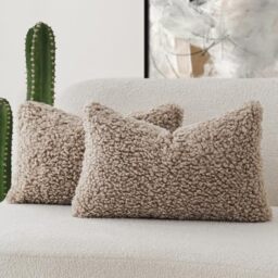"Foindtower Set of 2 Curly Teddy Wool Pillow Covers Decorative Boucle Textured Lumbar Throw Pillow Faux Fur Pillowcases Sheepskin Cushion Case for Sofa Bedroom Car 12""x20"" Khaki"