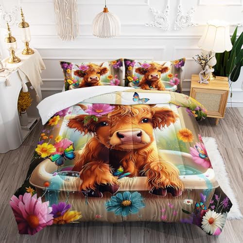 XYNHML Kawaii Wildlife Farmhouse Cow Comforter 3Pcs Twin Western Funny Animal Highland Cow Bedding Set for Kid Teen Girl Boy Butterfly Flower Cattle Quilt Bed Decor with 1 Comforter and 2 Pillowcases