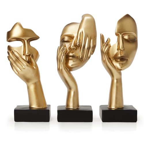 maozyiltle Woman face Statue set of 3,Golden Black Thinker Collectible Statue,Modern Art Home Decor,Suitable for Bookshelf,TV Cabinet and Gift for Friends (Gold-3Pcs)