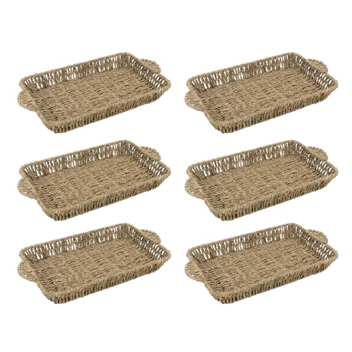 JVL Set of 6 Rectangular Seagrass Storage Tray with Handles ??? Hand Woven Natural Basket for Home Organisation, Brown