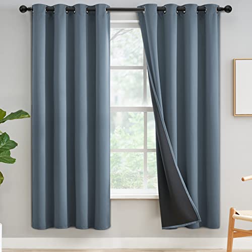 Yakamok 100% Blackout Curtains, 2 Thick Layers Completely Blackout Soild Thermal Insulated Drapes with Black Liner for Bedroom(52Wx72L, Stone Blue, 2 Panels)