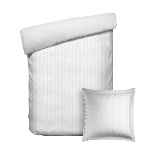 Pure Cotton 2-Piece Single Bed Linen – Duvet Cover 135 x 200 cm and Pillowcase 80 x 80 cm – 100% Cotton Sateen Woven Stripe Dobby, 80 Thread Count, 120 GSM Oeko-TEX – Dobby Certified – White