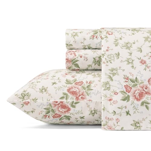 Laura Ashley Soft Sateen Cotton Bedding Set-Sleek, Smooth, & Breathable Home Decor, Lilian Coral, Queen